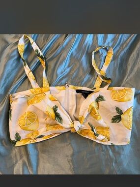 Forever 21 Yellow Lemon Print Tie-Front Crop Top